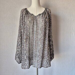 Garnet Hill 100% Silk Paisley Floral Popover Blouse 3/4 Sleeve Brown Grey